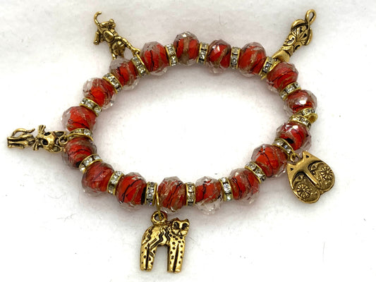 Cat Charm Bracelet, Cat Bracelet, Cat Lover's Jewelry, Cat Jewelry, Crazy Cat Lady gift, Red and gold bracelet, One of a kind.