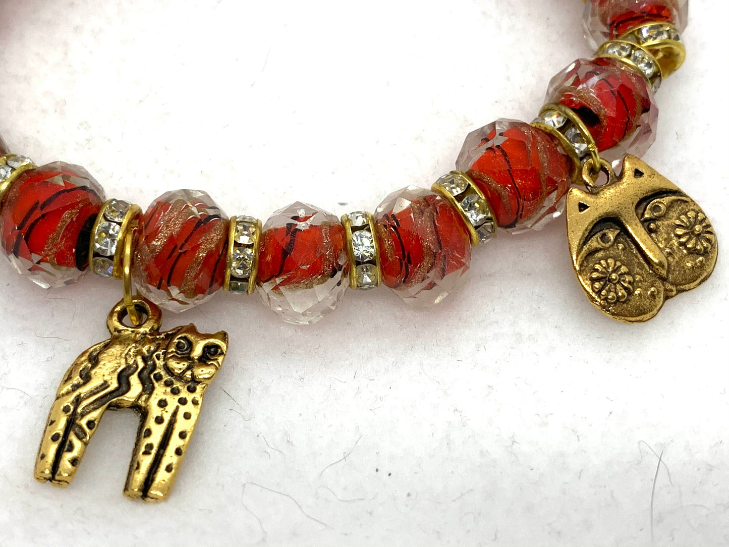 Cat Charm Bracelet, Cat Bracelet, Cat Lover's Jewelry, Cat Jewelry, Crazy Cat Lady gift, Red and gold bracelet, One of a kind.