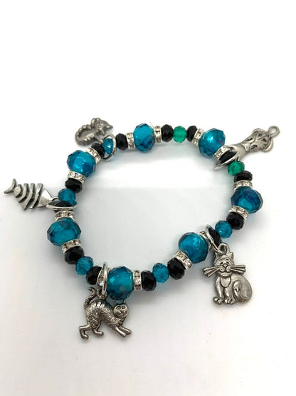 Cat Charm Bracelet, Cat Bracelet. Cat themed jewelry. Cat lover’s jewelry. Teal Cat Jewelry, One of a Kind, Hypoallergenic, Custom Orders