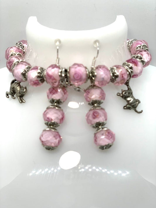 Cat Charm Bracelet, Cat jewelry set, Cat earrings. Cat themed jewelry. Cat lovers jewelry. Crazy Cat Lady jewelry, Pink Cat Jewelry,