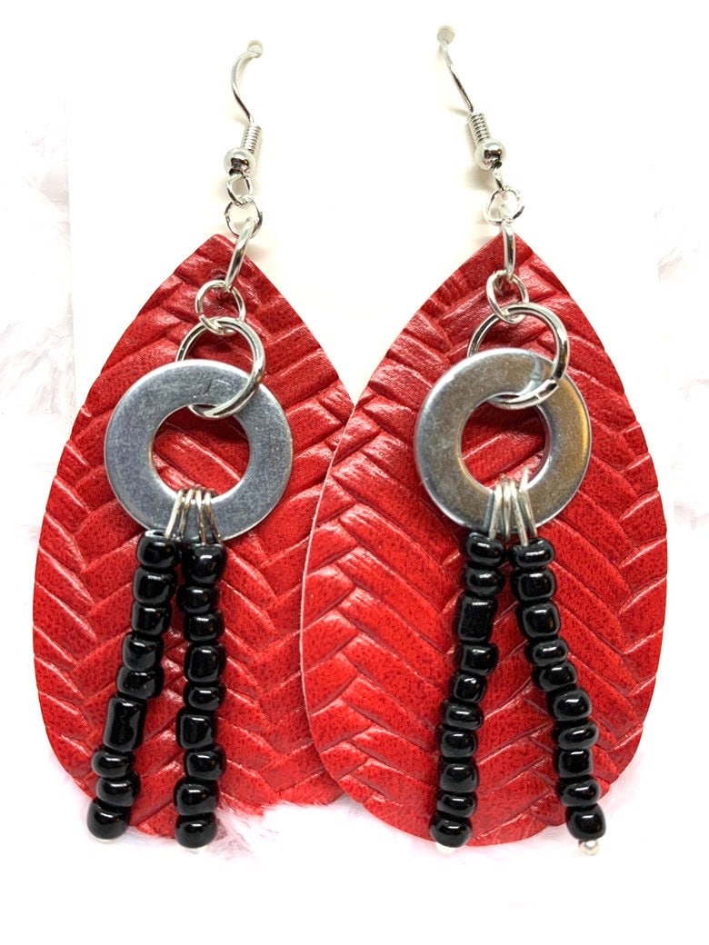 Hardware Earrings, Red and Black Earrings. Hardware jewelry. Leather look jewelry. Beaded earrings. Hypoallergenic, One of a Kind