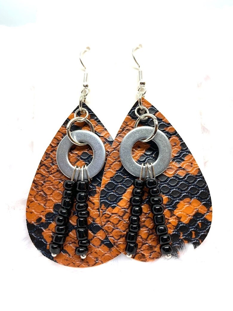 Hardware Earrings, Reptile Pattern Earrings, Hardware jewelry. Leather look jewelry. Beaded earrings. Original Design, One of a kind.