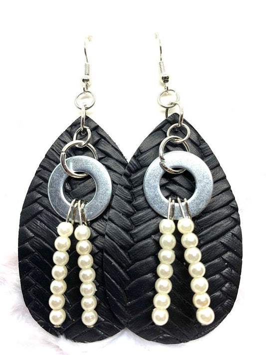 Hardware Earrings, Hardware jewelry. Leather look jewelry. Beaded earrings. Black and pearl jewelry. Basket Weave Leather, Original Design