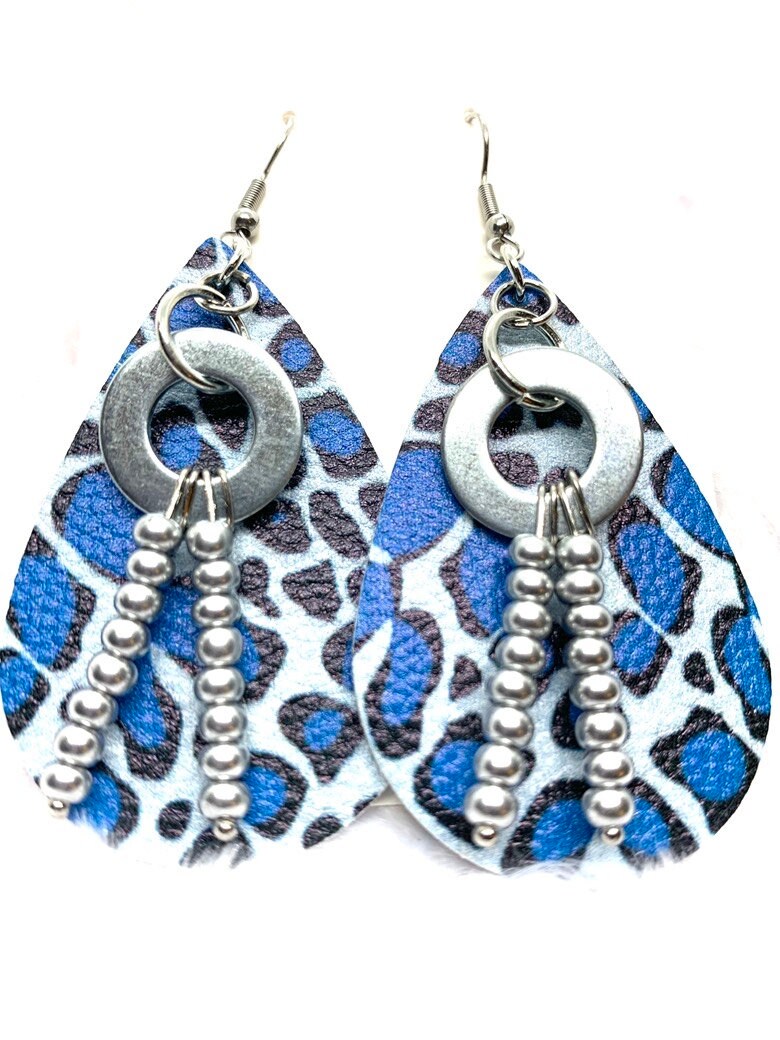 Hardware Earrings, Animal print Earrings, Hardware jewelry. Leather look jewelry. Beaded earrings. Blue and Silver earrings, Hypoallergenic