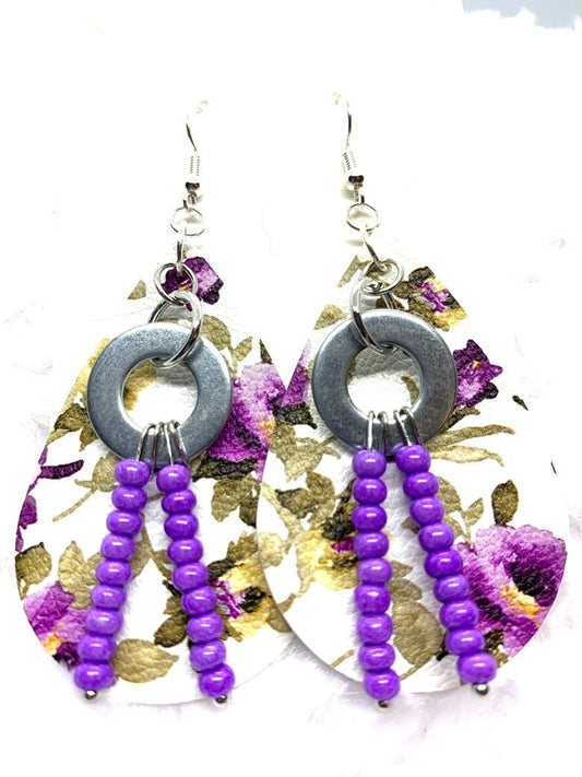 Hardware Earrings, Floral Earrings, Beaded Earrings. Hardware jewelry. Leather look jewelry. Floral Beaded Earrings, Original Design