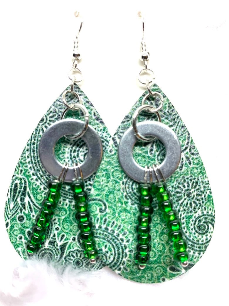 Hardware Earrings, Green Earrings, Paisley Earrings, Beaded Earrings, Hardware jewelry. Leather look jewelry. Original Design.  Handmade