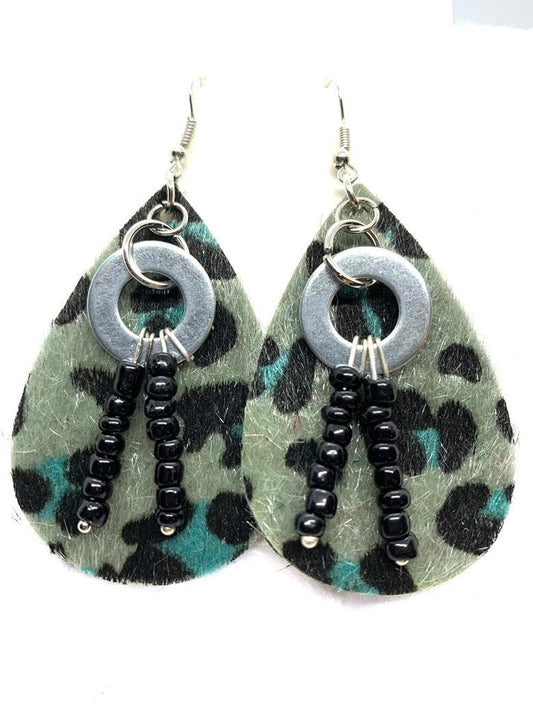 Fur Earrings, Green Earrings, Bead accents. Hardware jewelry. Beaded earrings.  Handmade, Faux Leather, Unique Earrings, Original Design