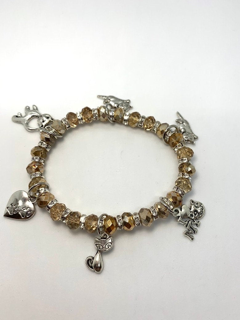 Cat Charm Bracelet. Matching Earrings, Champagne and silver Earrings. Cat themed jewelry. Cat lover’s jewelry. Cat Lover's Jewelry Set,