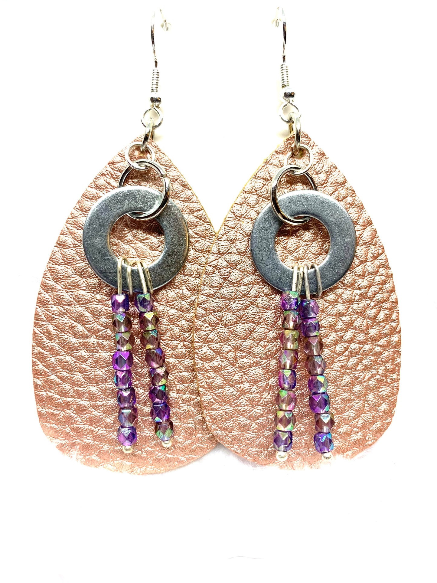 Hardware Earrings, Hardware jewelry. Leather look jewelry. Beaded earrings. Pink and Purple Jewelry, Original Design, One of a kind