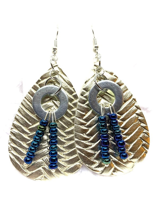 Hardware Earrings, Silver and Blue Earrings. Hardware jewelry. Leather look jewelry. Beaded earrings. Basket weave Earrings, Original design