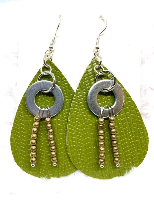 Hardware Earrings, Hardware jewelry. Leather look jewelry. Beaded earrings. Lightweight Earrings, Green and Gold jewelry, Original design