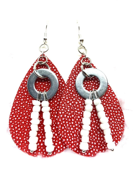 Hardware Earrings, Red and White Polka Dot Earrings, Hardware jewelry. Leather look jewelry. Beaded earrings. Original Design,