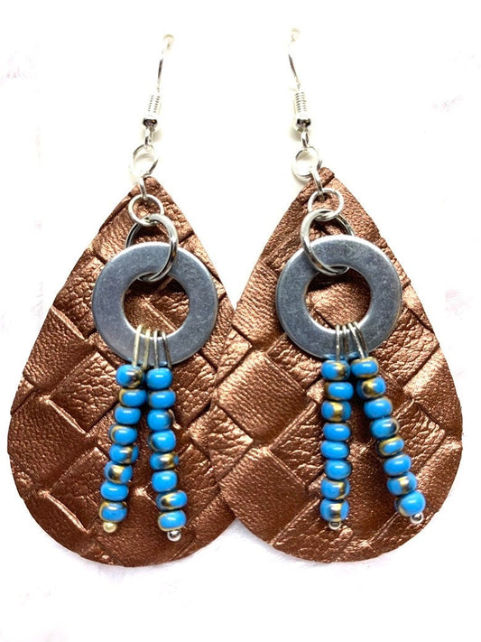 Hardware Earrings, Copper Faux Leather, Turquoise beads. Hardware jewelry. Leather look jewelry. Beaded earrings.  Handmade, Original Design