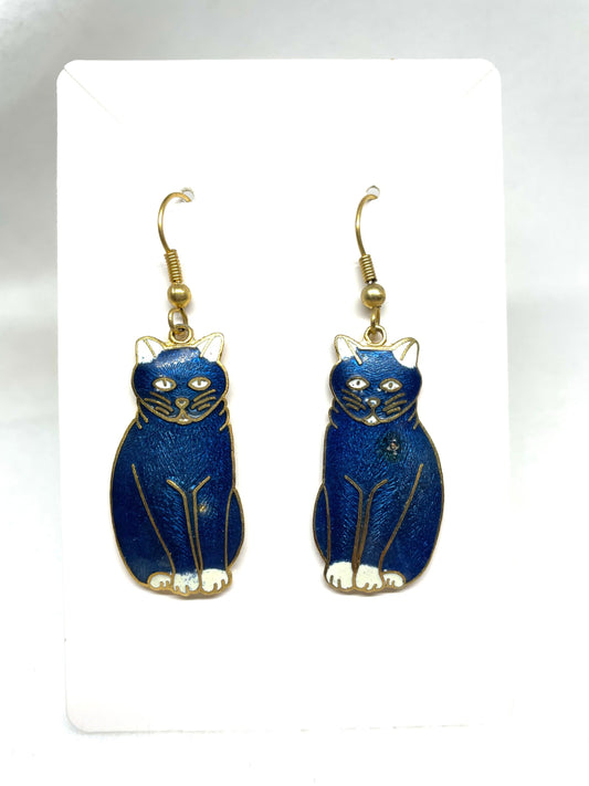 Cat Earrings, Cloisonné Cat Earrings, Blue Cat Earrings, Cat Jewelry, Hypoallergenic, Crazy Cat Lady gift, Cat Lovers Earrings.