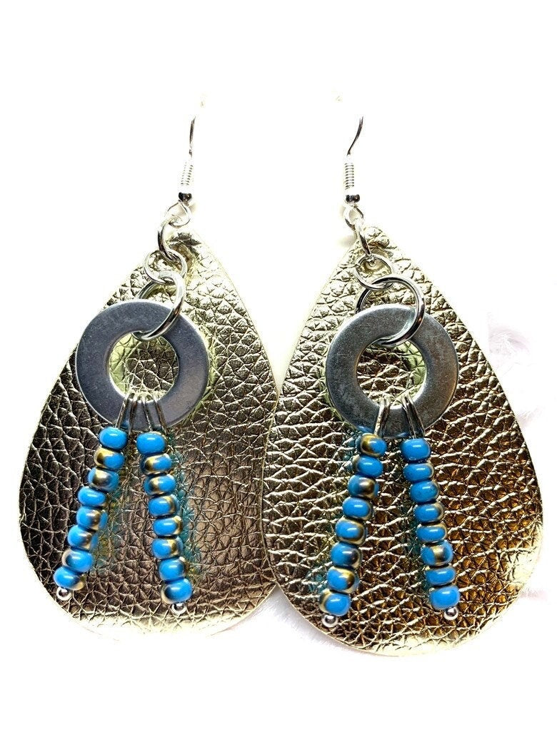 Hardware Earrings, Hardware jewelry. Leather look jewelry. Beaded earrings. Handmade, Unique Jewelry, Original Design, Gold and Turquoise