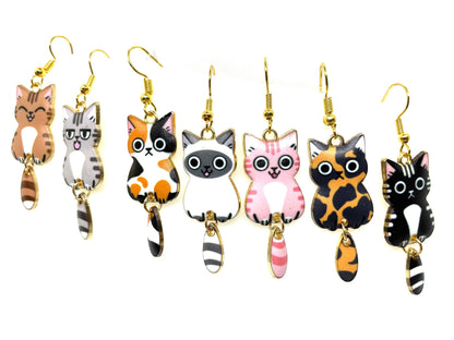 Dangly Tail Cat Earrings, Cat Jewelry, Tabby Cat Earrings, Tortoiseshell Cat Earrings, Calico Cat Earrings, Black and White Cat Earrings