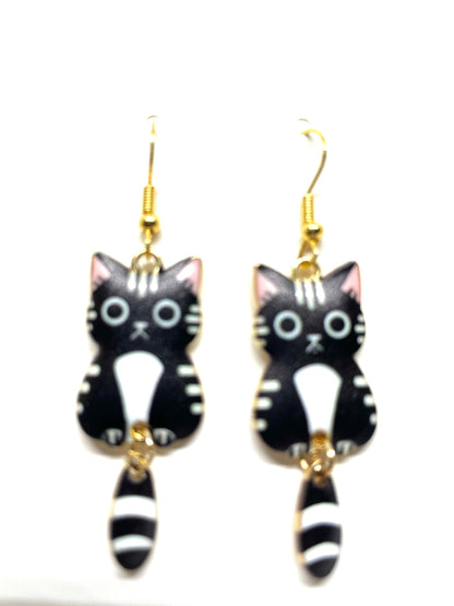 Dangly Tail Cat Earrings, Cat Jewelry, Tabby Cat Earrings, Tortoiseshell Cat Earrings, Calico Cat Earrings, Black and White Cat Earrings