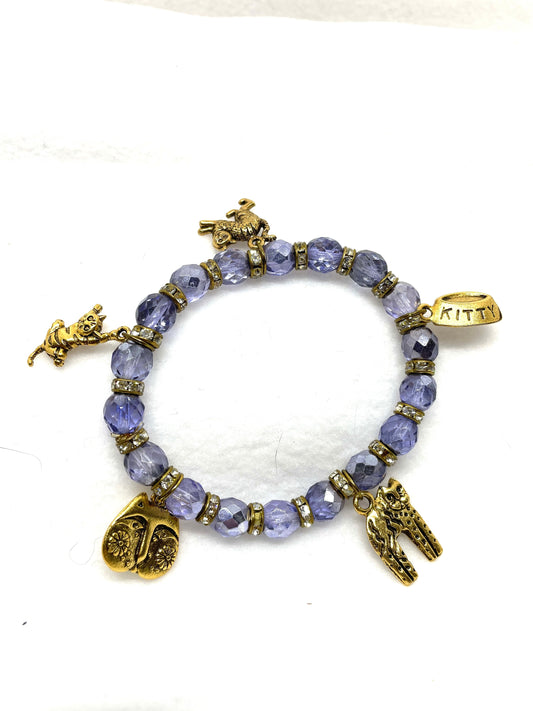 Purple Cat Charm Bracelet, Gold Cat Charm Bracelet, Cat Bracelet, Cat Jewelry, Cat Mom gift, Crazy Cat Lady Gift, Kitty Jewelry,