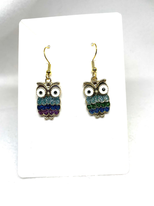 Enamel Owl Earrings, Green and Blue Owl Earrings, Bird earrings, Animal Earrings, Nature inspired earrings, Owl Jewelry, Statement earrings