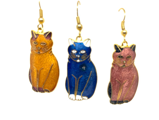 Cloisonne' Cat Earrings, Blue Cat Earrings, Golden Cat Earrings, Bronze Cat earrings, Kitty Earrings, Cat jewelry, Kitty Jewelry, Cat Lady