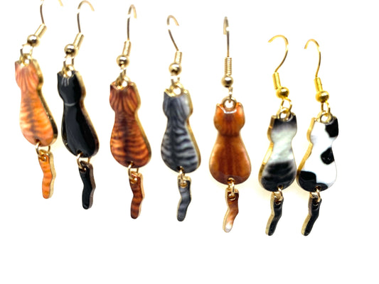 Silhouette Cat Earrings, Dangly Tail Cat Earrings, Feline Earrings, Black Cat Earrings, Tabby Cat Earrings, Orange Cat Earrings, Cat Jewelry