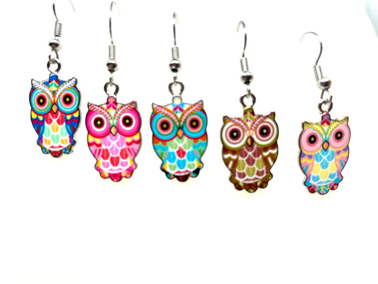 Colorful Owl Earrings, Owl Jewelry, Owl Charms, Animal Jewelry, Bird themed jewelry, Nature inspired jewelry, Enamel Owl Earrings