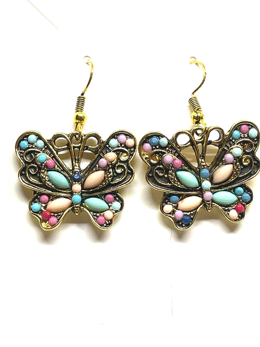 Pastel and Gold Butterfly Earrings, Multicolor Butterfly Earrings, Butterfly Jewelry, Insect Earrings, Insect Jewelry, Hook Earrings