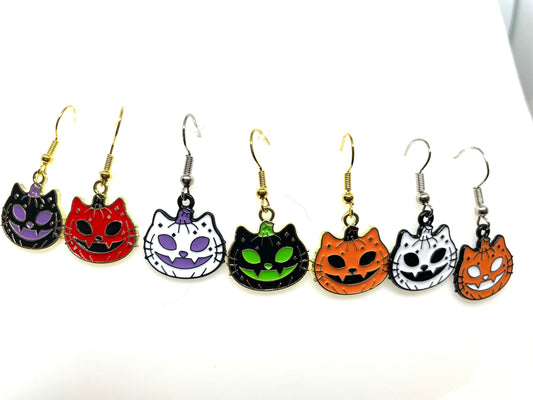 Halloween Cat-O-Lantern Earrings, Halloween Cat Earrings, Halloween Earrings, Spooky Cat Earrings, Spooky Halloween Cat Earrings