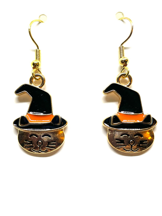 Cat with Witch's Hat Halloween Earrings, Cat Halloween Earrings, Witch Halloween Earrings, Witchy Cat Halloween Earrings, Cat Earrings