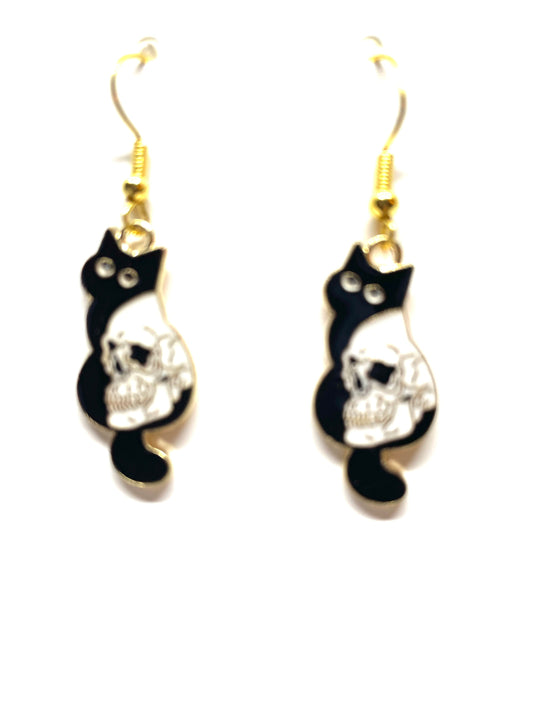 Cat with Skull Halloween Earrings, Punk Cat Earrings, Spooky Cat with Skull Earrings, Black Cat Halloween Earrings, Black Cat Earrings