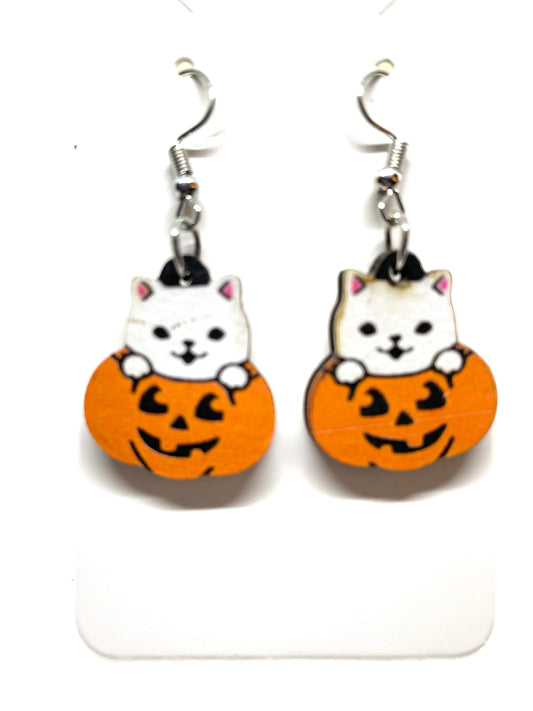 White Cat in a Jack-0-Lantern Halloween Earrings, White Cat Earrings, Halloween Earrings, Jack-o-Lantern Earrings, Halloween Cat Jewelry