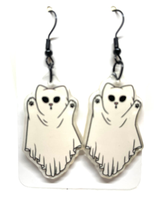 Sweet Cat Ghost Halloween Earrings, Cat Ghost Earrings, Cat Halloween Earrings, Spooky Cat Halloween Earrings, Cat Lover's Halloween earring