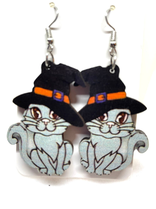 Gray Witch's Halloween Cat Earrings, Witchy Cat Earrings, Halloween Earrings, Gray Cat with Witches Hat, Halloween Cat Earrings