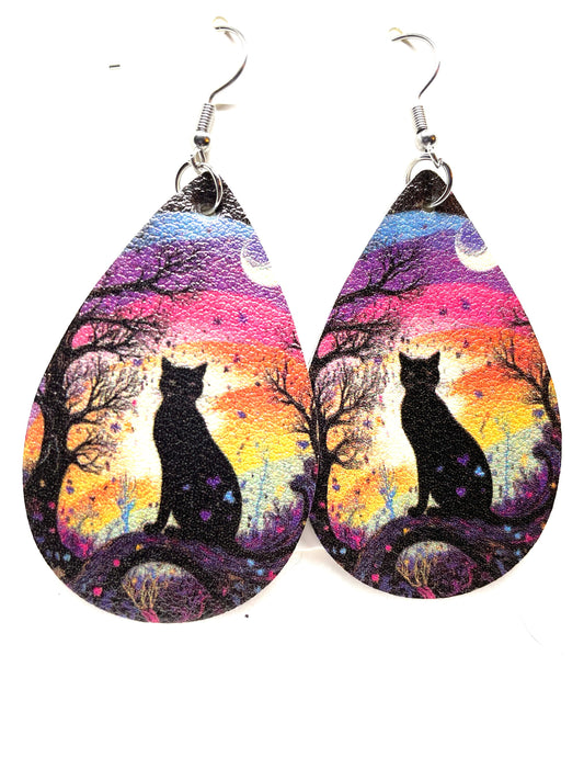 Black Cat at Sunset Earrings,  Black Cat Earrings, Black Cat Halloween Earrings, Cat in a Tree earrings, Cat Lover's Earrings