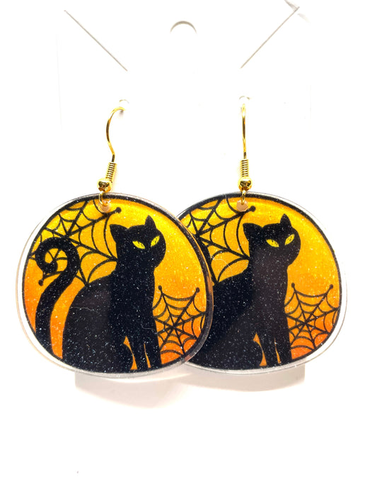 Halloween Cat Earrings, Black Cat Earrings, Halloween Black Cat Earrings, Orange and Black Halloween Cat Earrings, Spooky Cat Earrings