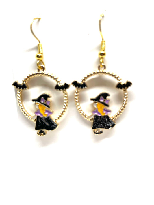 Halloween Witch Earrings,  Witch Earrings, Halloween Earrings, Witch and Bats Earrings, Spooky Season Earrings,