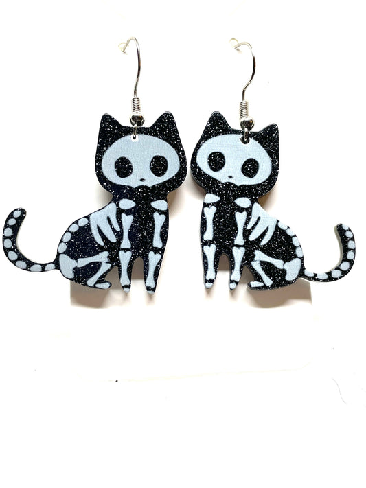 Cat Halloween Earrings, Cat Skeleton Halloween Earrings, Halloween Earrings, Skeleton Halloween Earrings, Cat Lover's Halloween Earrings