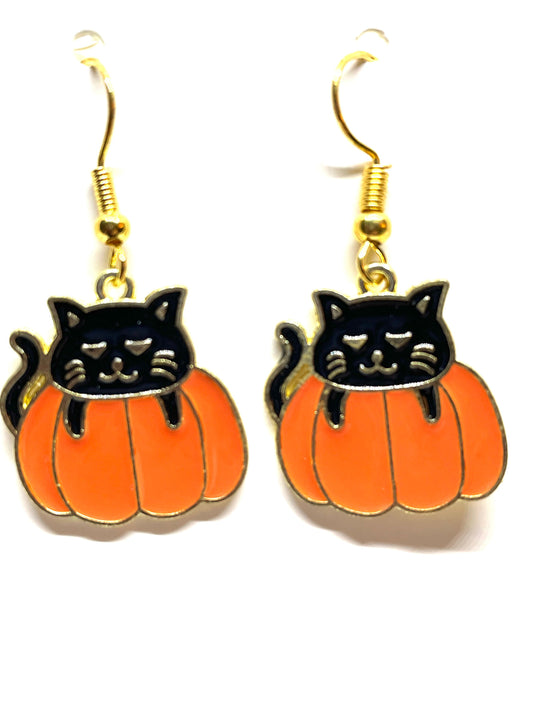 Black Cat in a Pumpkin Halloween Earrings, Black Cat Earrings, Pumpkin Earrings, Halloween Earrings,  Halloween Jewelry, Black Cat Jewelry