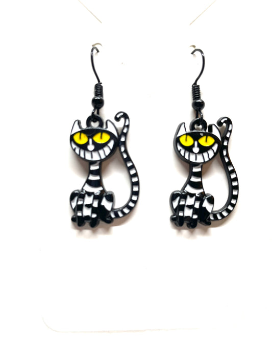 Striped Halloween Cat Earrings, Glowing Eyed Halloween Cat Earrings, Cat Halloween Earrings, Spooky Halloween Cat Earrings