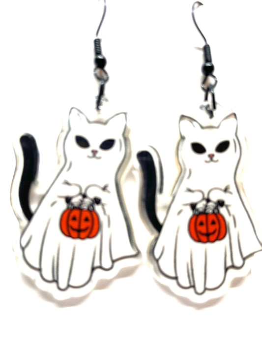 Cat Ghost Halloween Earrings, Cat Trick or Treat Earrings, Cat Lover's Halloween Earrings, Cute Kitty Halloween Earrings, Halloween Earrings