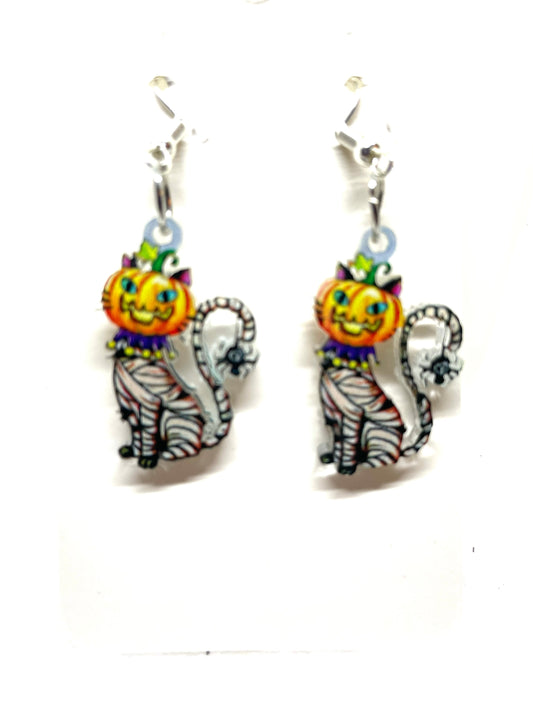 Mummy Cat Halloween Earrings, Pumpkin Head Cat Earrings, Cat Halloween Earrings, Mummy Halloween Earrings, Pumpkin Halloween Earrings