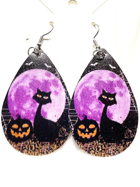Black Cat Halloween Earrings, Cat and Purple Moon Halloween Earrings, Spooky Halloween Cat Earrings, Halloween Earrings, Cat Earrings