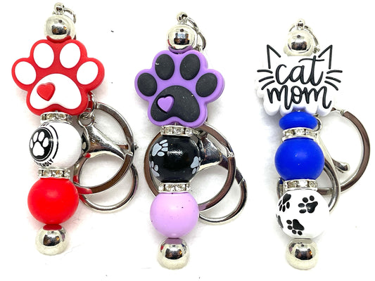 Beaded Cat Keychains, Paw Print Keychains, Cat Mom Keychains, Cat Lovers Keychain, Red Paw Print Keychain, Purple Paw Print Keychain,