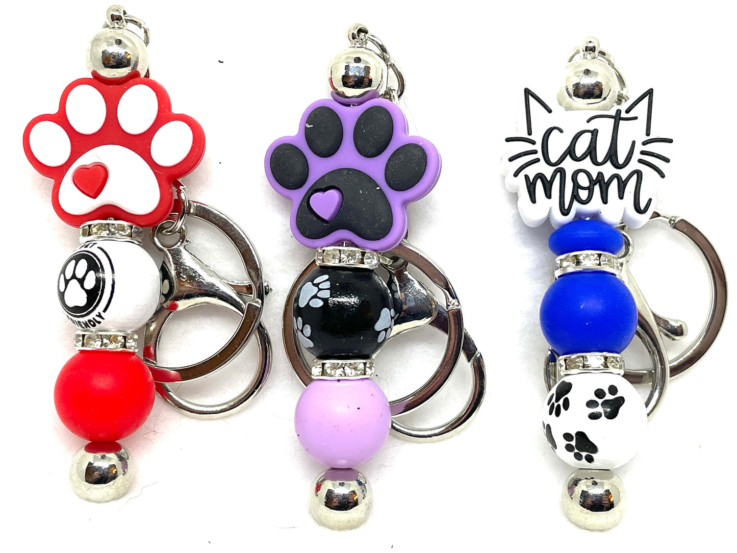 Beaded Cat Keychains, Paw Print Keychains, Cat Mom Keychains, Cat Lovers Keychain, Red Paw Print Keychain, Purple Paw Print Keychain,