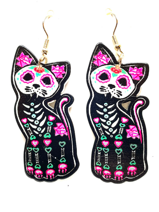 Halloween Skeleton Cat Earrings, Halloween Earrings, Skeleton Cat Earrings, Halloween Cat Earrings, Sugar Skull Earrings, Cat Mom Earrings,