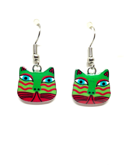 Abstract Cat Earrings, Colorful Cat Earrings, Unique Cat Earrings, Feline Earrings, Kitty Earrings, Dangle Earrings, My Katz Designs