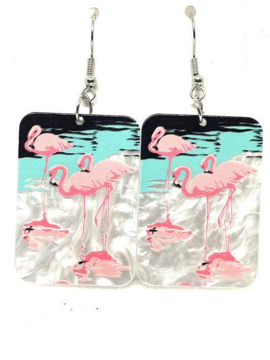 Pink Flamingo Earrings, Flamingo Earrings, Flamingos on Water Earrings, Marine Life Jewelry, Coastal Earrings, Boho Earrings