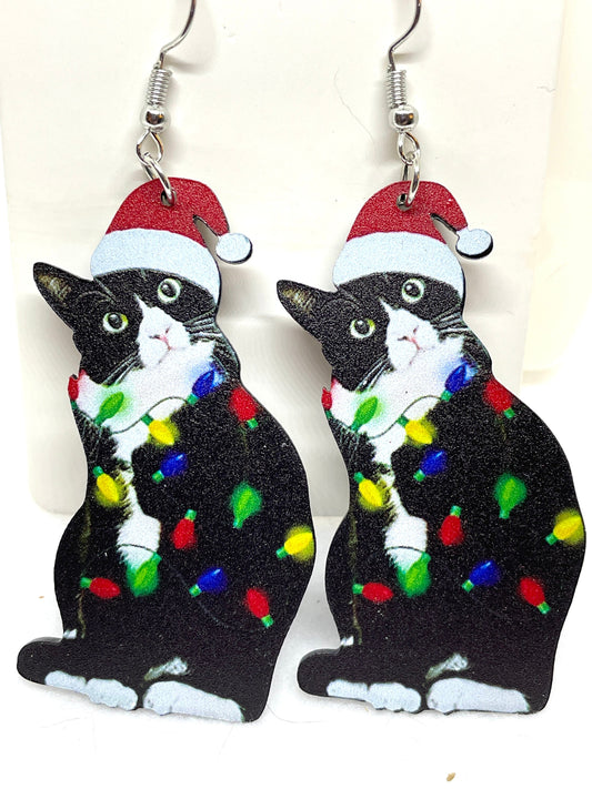 Tuxedo Cat Christmas Earrings, Black and White Cat Christmas Earrings, BiColor Cat Christmas Earrings, Christmas Earrings, Cat Jewelry