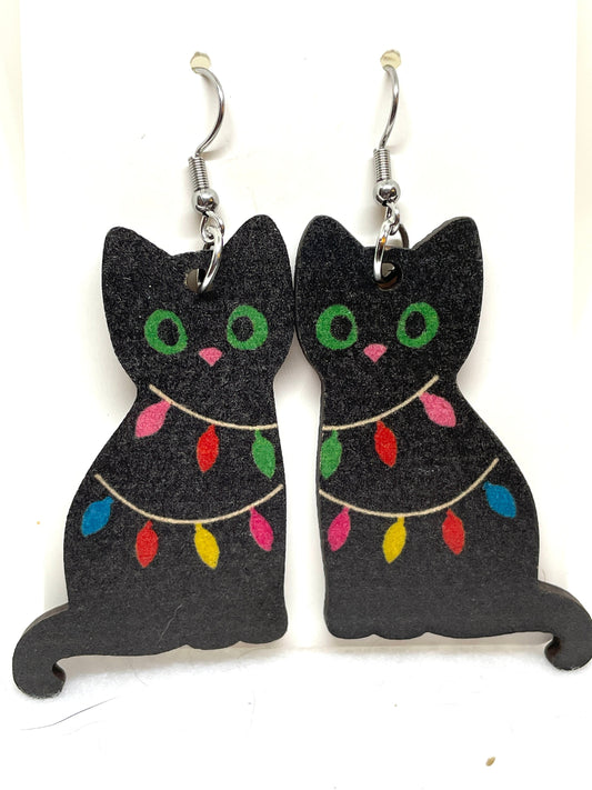 Black Cat Christmas Earrings, Christmas Cat Earrings, Christmas Lights Cat Earrings, Black Cat Earrings, Christmas Earrings
