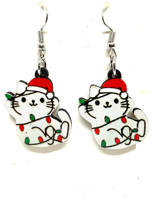 Christmas Cat Earrings, Cat Lovers Christmas Earrings, Kitty Christmas Earrings, White Cat Christmas Earrings, Cat Jewelry, My Katz Designs